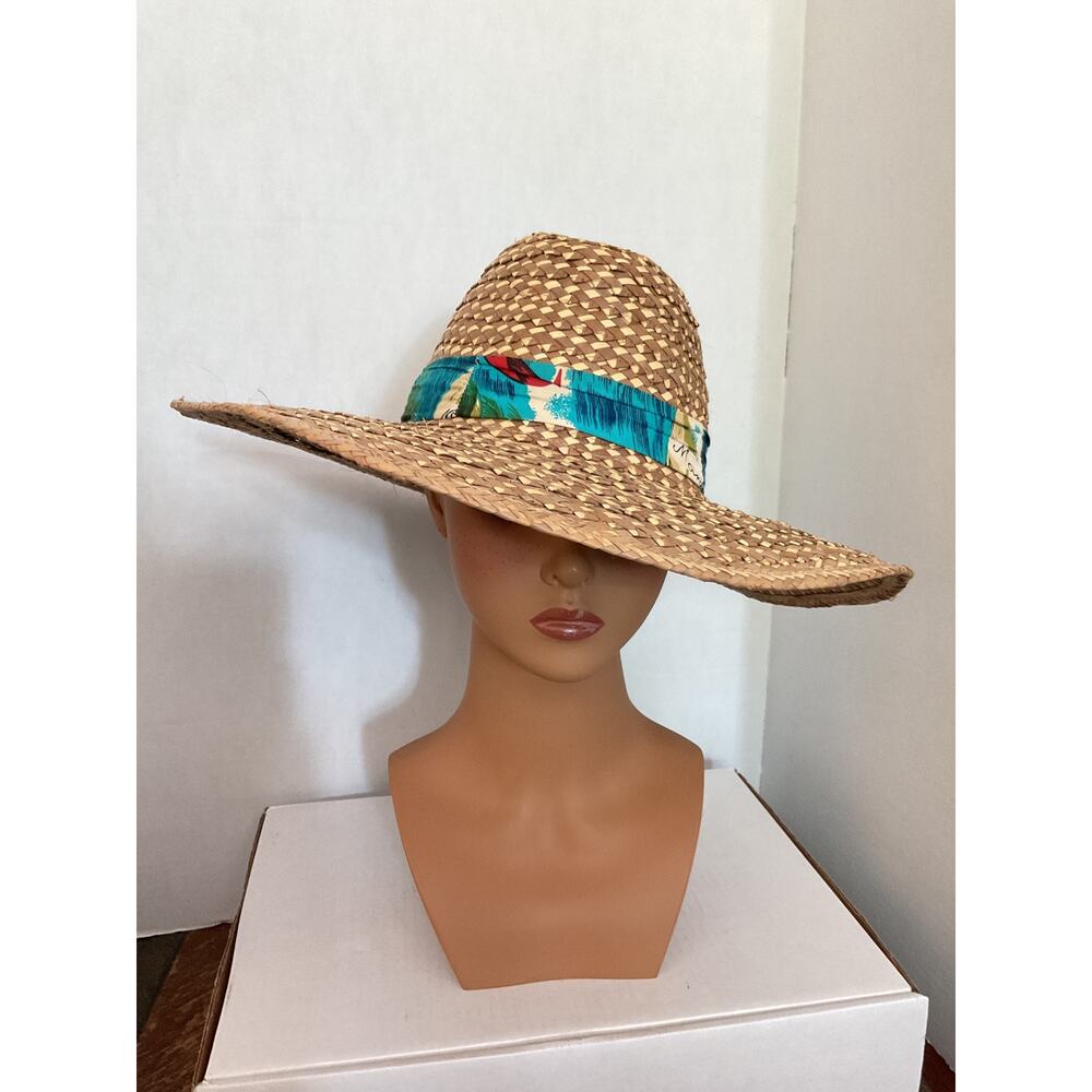 Handmade- Woven Straw Sun Hat w/Tropical Cotton Hat Band - Natural Straw - OSFM